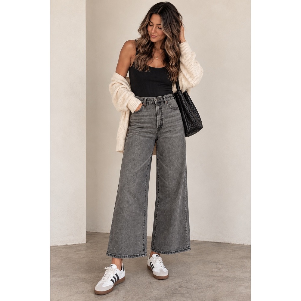 Good American Good Waist Palazzo Crop Jeans Gray Charcoal High Rise Wide Leg